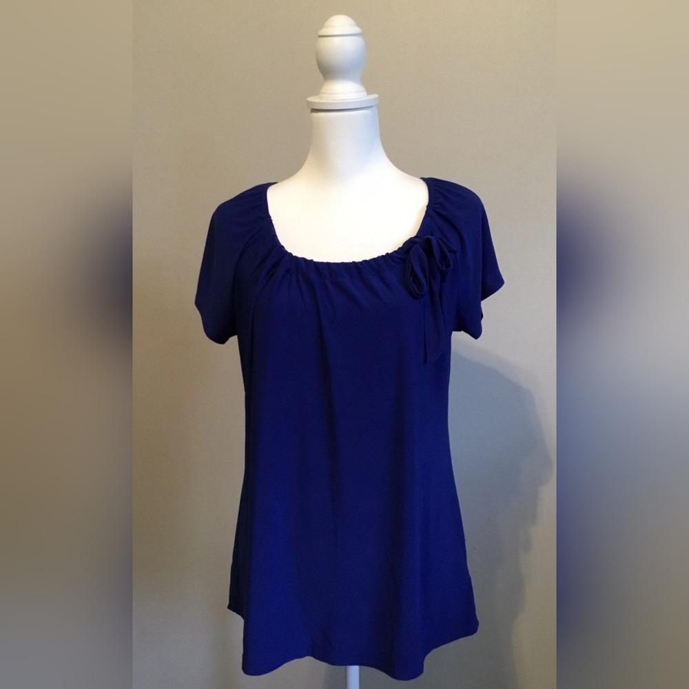 Liz McCoy XL Womens Royal Blue Blouse Business Short Sleeve Top Bow